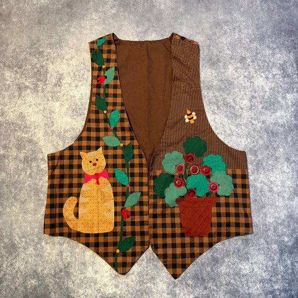 Handmade Jackets & Blazers - Vintage Handmade Brown Gingham Plaid Vest Cat Bee Flowers Applique Cottage L